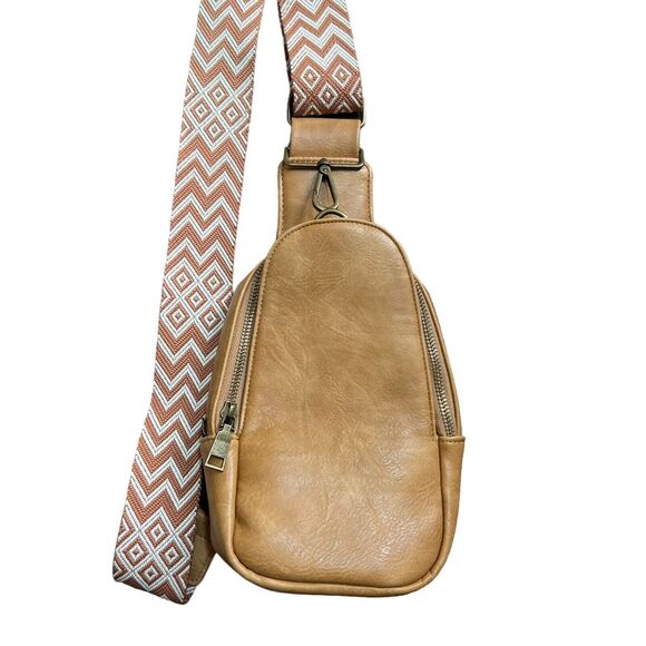 Threaded Pear Tan Vegan Leather Sling Bag Embroidered Strap - Picture 9 of 11